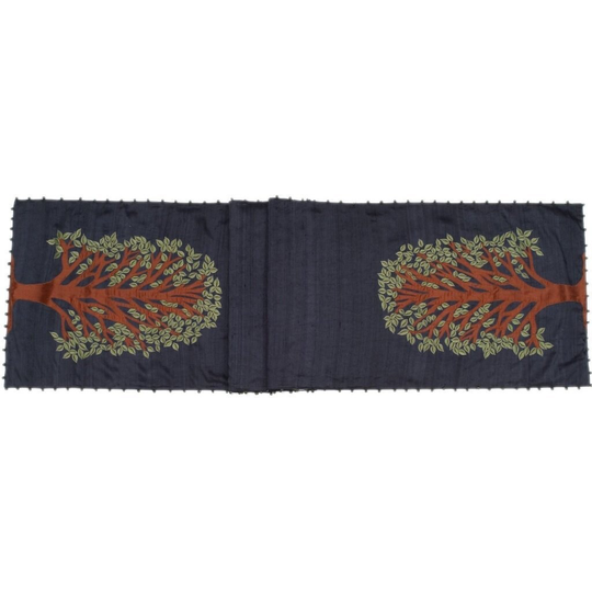 Navy Silk Table Runner With Tree Of Life Embroidery & Hand Beading - 18x72"