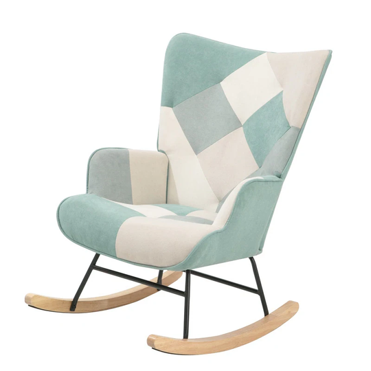Patchwork Linen Rocker Chair with Wood Legs