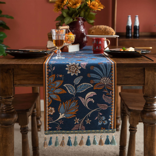 Royal Blue Table Runner Fringed Runners, Delicate Cloth Jacquard Runners Cabinet Rectangle Gorgeous