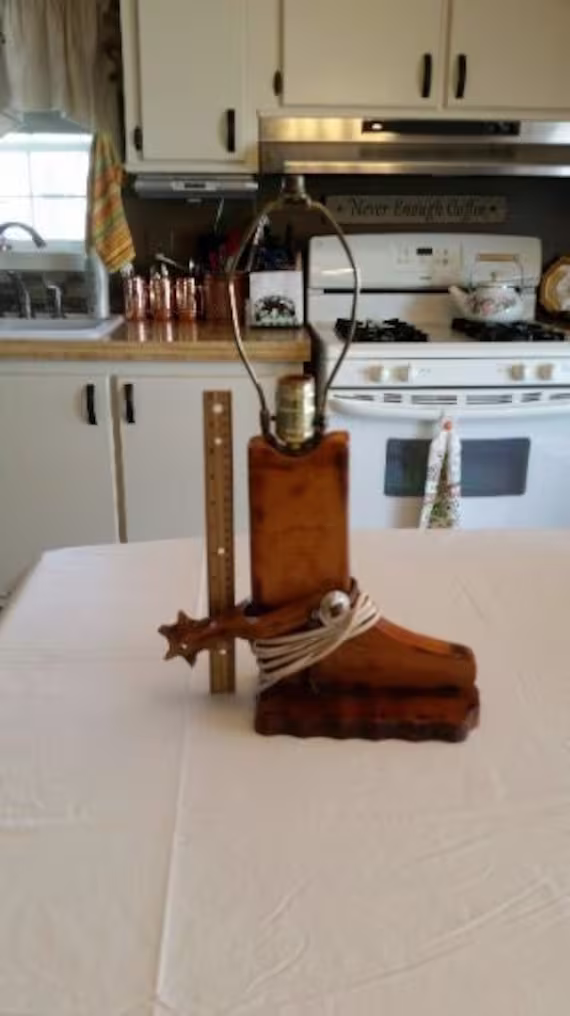 Vintage Wooden Cowboy Boot Table/Desk Lamp With Spur - Western Rodeo Rustic Decor Texas Wyoming Retro Primitive Home Patio Lighting Art