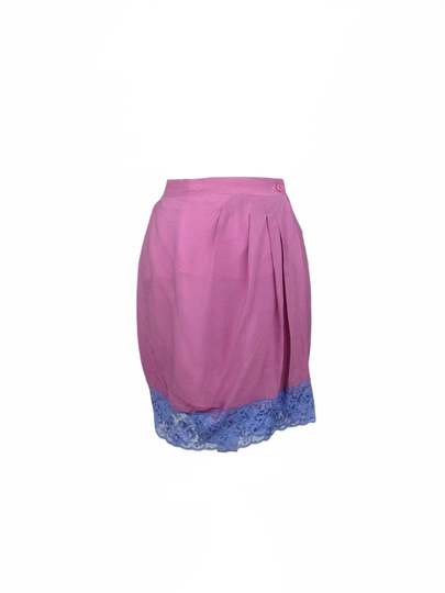Vintage 70S Silk Mod Luisa Spangoli Designer Pink & Purple Lace Trim High Waisted Wrap Mini Pencil Skirt | Made in Italy Size Small S