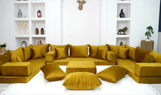 Gold Color Velvet Floor Sofa Set, Couch, Sectional Sofas, Moroccan Home Decor, Arabic Seating Sofa, Modern Livingroom Set