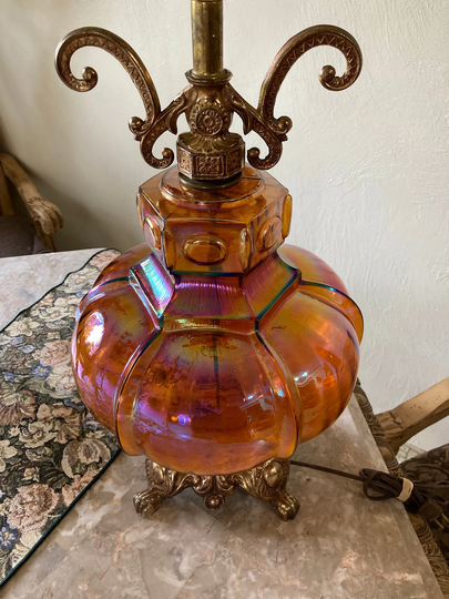 Carnival Glass Table Lamp in Marigold Iridescent 3 Way