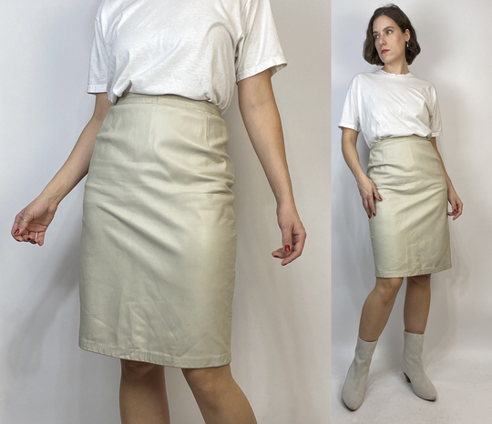 Vtg 80S Minimal Beige Leather Pencil Skirt Small