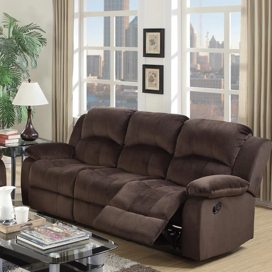 Plushy Solid Pine, Padded Suede & Plywood Reclining Sofa, Chocolate