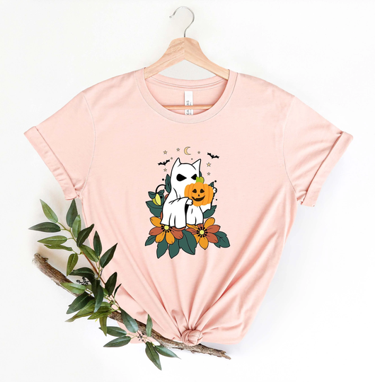 Comfort Colors® Floral Ghost Cat Halloween T-Shirt, Ghost Cat Design, Gifts For Owner