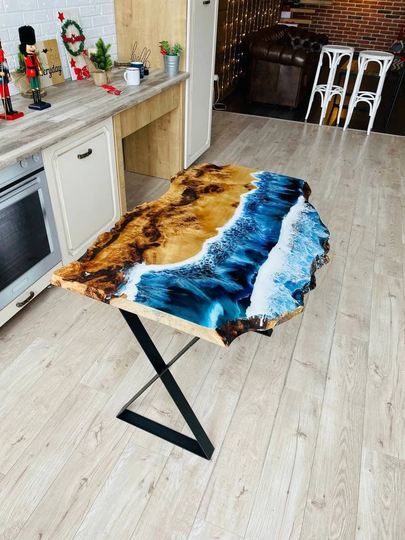 Live Edge Epoxy River Table, Custom Clear Design Kitchen Dining Dine Luxury Resin Poplar Table