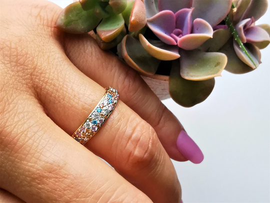 Mixed Color Stone Gold Ring, Rainbow Jewelry, Stackable Multicolor Band, Modern, Gift Her