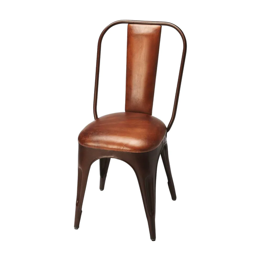 Modern Distressed Iron and Leather Side Chair - Medium Brown