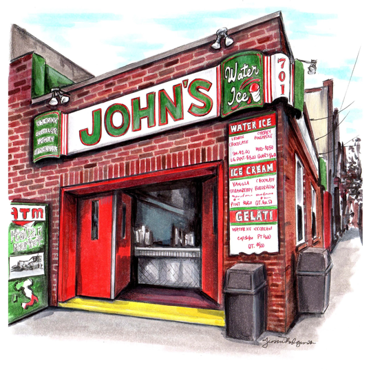 The One & Only Original Pencil Marker Illustration Of Philadelphia's Iconic John's Water Ice in The Italian Market Wooder