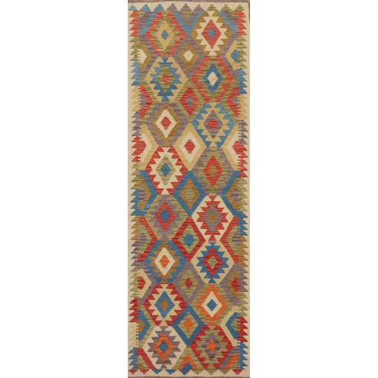 Colorful Kilim Oriental Runner Rug Flat-weave Geometric Wool Carpet - 2'9" x 9'11"