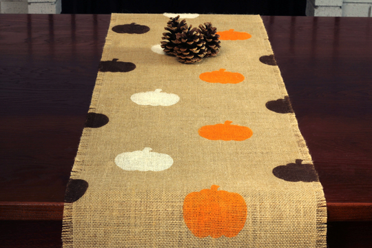 Fall Burlap Table Runner, Orange, Brown & Cream Pumpkin Autumn Decor, Decor