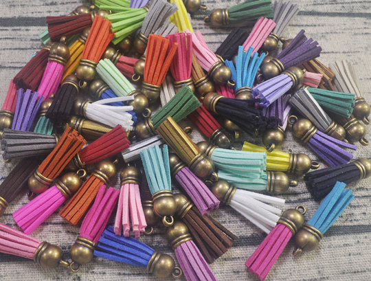 10-100 Mixed Colors Tassels, 1.5'', Faux Leather Tassels, Mini Tassels, Tassels Pendant, Tassels For Keychains, Suede Tassel With Bronze Cap