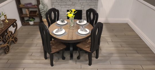Miniature Round Dining Table & Chairs - Walnut/Black, Dollhouse Set, 112 Scale Furniture, Traditional Style Scroll Base