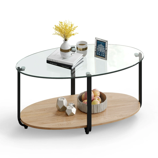 Gymax Glass-Top Coffee Table 2-Tier Modern Oval Side Sofa Table w/