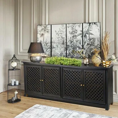 95 Inch Black Distressed Wood Sideboard Buffet Carved 4 Doors Jumbo Cabinet