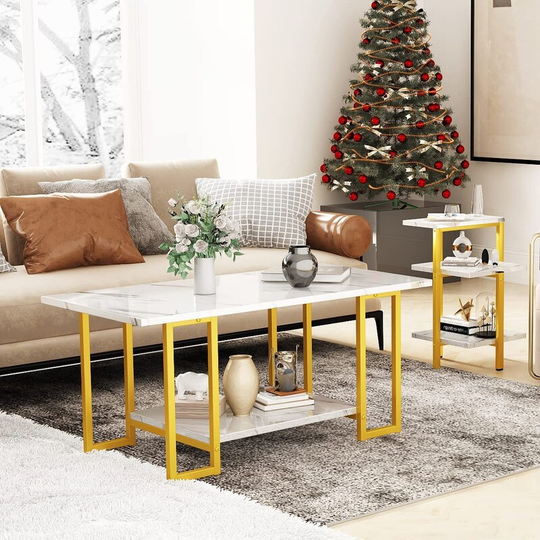 3 Pieces Faux Marble Coffee Table Set with 1 Coffee Table and 2 End Tables, Modern Sofa Side Table with Shelf, Cocktail Table