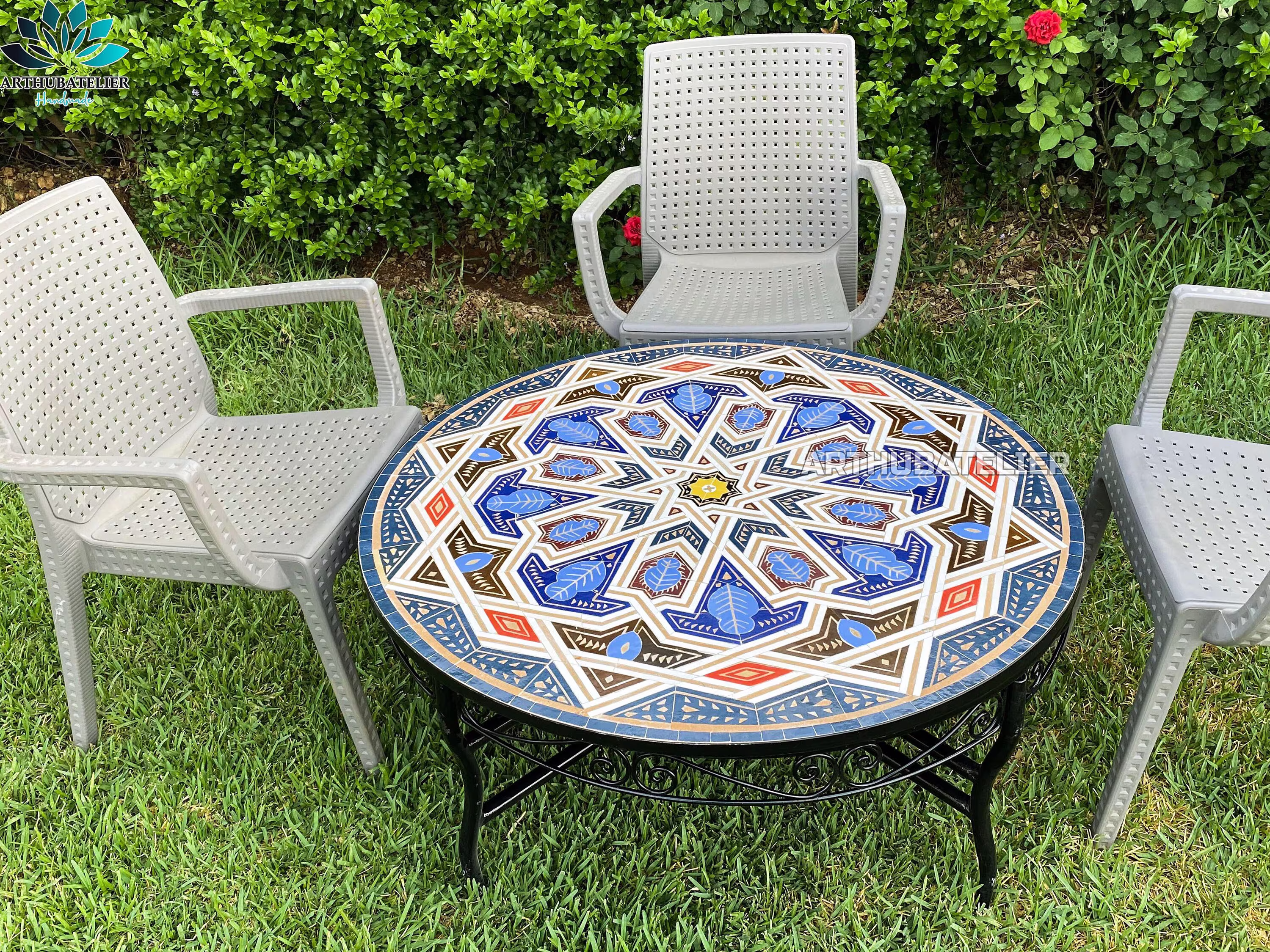 Unique Mosaic Table For Outdoor & Indoor Mandala Design 100% Handcrafted, Large Luxury Round Table Made From Green Tiles