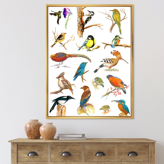 Designart 'Vibrant Colored Birds Plancard' Traditional Framed Canvas Wall Art Print