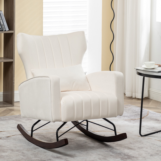 Beige Velvet Upholstered Rocking Chair with with Solid Metal Legs