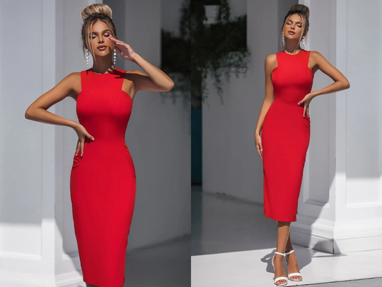 Red Bodycon Midi Dress Elegant Pencil For Prom, Interview, Work