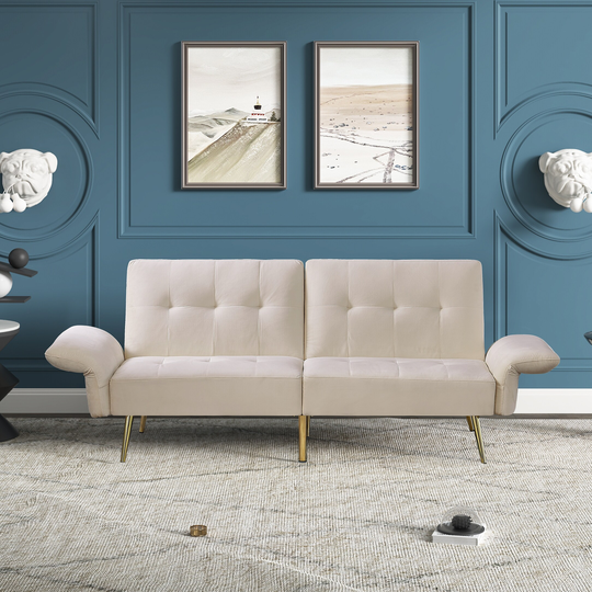 Modern 78" Sleeper Sofa Velvet Futon Couch Foldable Armrests wit Magazine Bags for Living Room(Beige)