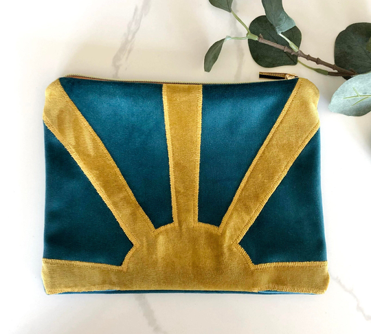 Handmade Velvet Sunshine Applique Makeup Bag, Zipped Purse, Clutch, Pencil Case