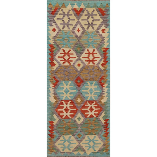 Geometric Kilim Colorful Area Rug Flat-weave Wool Carpet - 2'8" x 6'5"