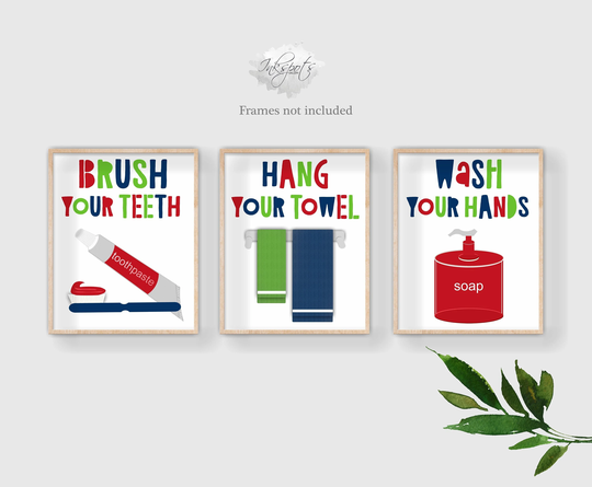 Modern Bathroom Wall Art Primary Colors | Set Of 3 Kids Rules Prints Brush Your Teeth Wash Hands Pictures - Kb17