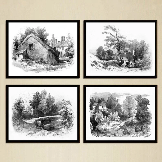 Vintage Pencil Drawing Art Prints. 4 Set European Country Sketches, Countryside & Cottages. Beautiful Wall Decor, Great House Warming Gift