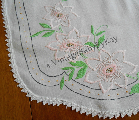 Floral Embroidery Table Runner Vintage Hand Embroidered Pink Green Gold Black, Crocheted Lace Trim, Large 16.5" X 47", Retro