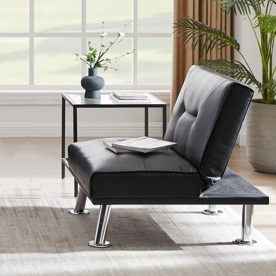 Modern Single Sofa Bed with Ottoman, Convertible Folding Futon Chair, Leather Chaise Lounge Chair with Metal Legs