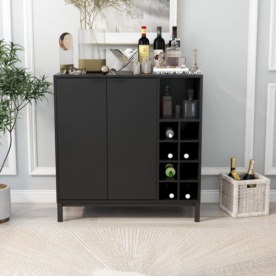 34 Inch Sideboards with Storage and Wine Racks, Storage, Server, Black Dining Room Console