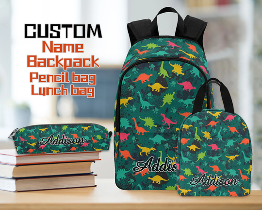 Personalized Dinosaur Backpack For Kids, Custom Lunch Bag, Kids Pencil Pouch, Name Back To School Gift