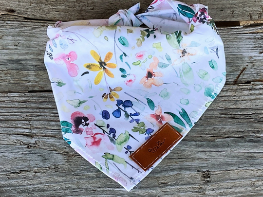 Dog Bandanas, Wildflower Meadow Bandana Traditional Tie Personalized Leather Name Tag Over Collar, Pet Accessories