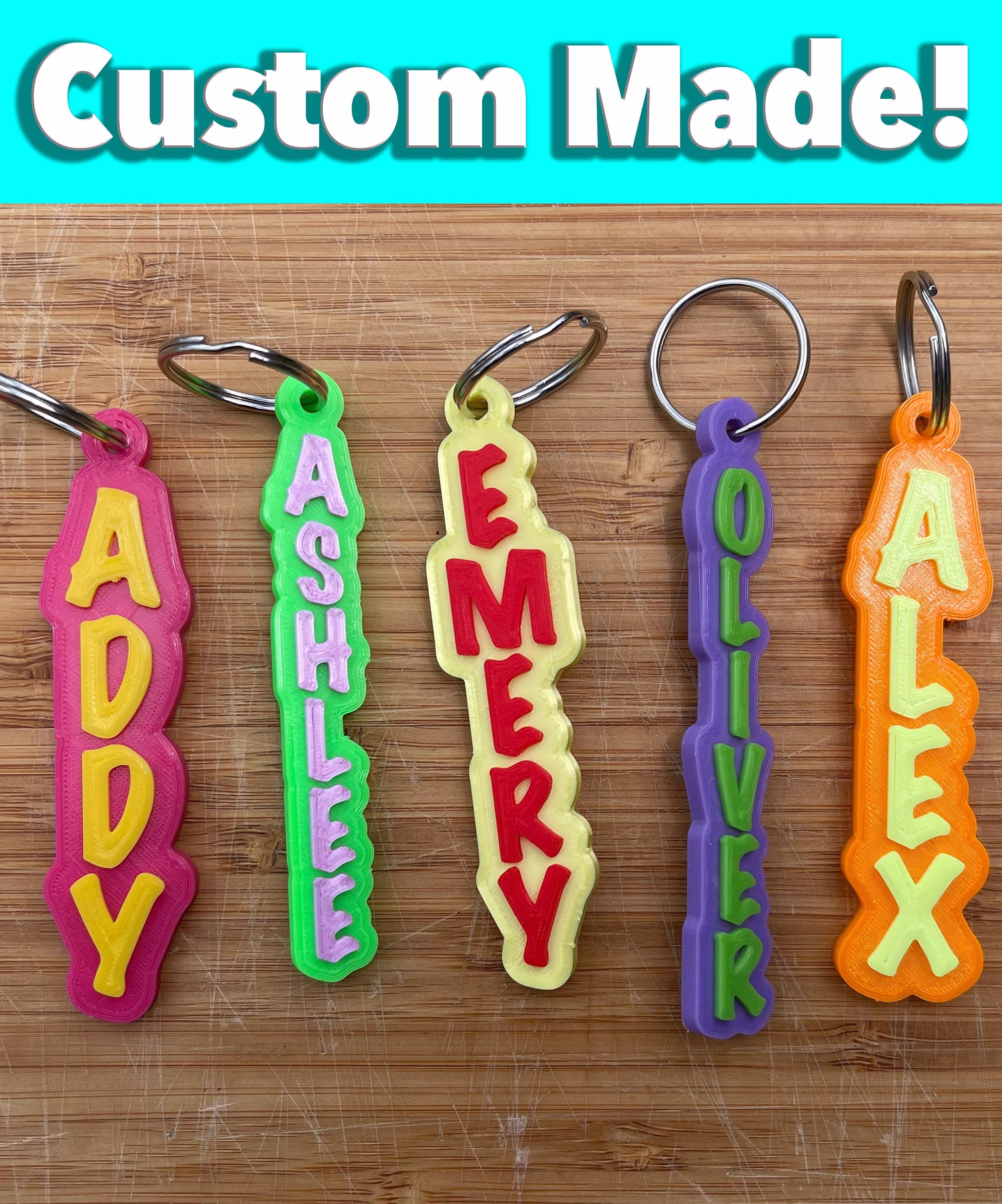 3D Personalized 2 Color Keychain Vertical Lettering-3D Printed With Your Custom Name -Lanyard/Zipper Pull | Includes Keyring Book Bag Tag