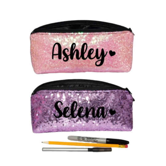 Sparkle Pencil Case Pouch Makeup Jewelry Holder Personalized Name Heart Sequin Travel Pink Glitter Girls School Gift Idea Bling