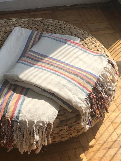 Turkish Bath Towel Sarong in Colorful Stripes | Light-Weight Beach Picnic Throw Bamboo Cotton, Handwoven Rainbow Colors Joy