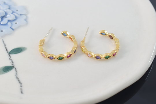 Color Cz Earrings, Edo-19G, 2Pcs, 16K Shiny Gold Plated Brass, Rainbow Color, Nickel Free, Outer 20mm, 2.7mm Wide, 925 Silver Post