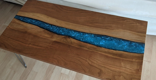 Custom Coffee Epoxy River Table Black, Blue Cherry Walnut Tables 18x36 24x48