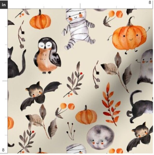 Cute Halloween Fabric By The Yard | Watercolor Bats Owls Mummy Pumpkins Custom Print To Order