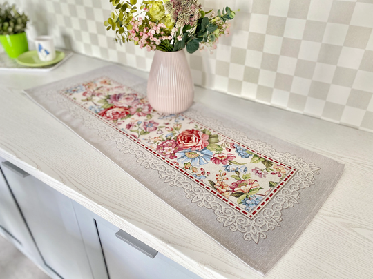 Flowers Spring Pattern Table Runner. Tapestry Kitchen Dining Room Cover Gift For Mom, Granny. New Home Gift