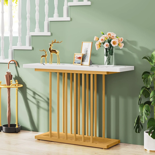 Modern Console Table, White Narrow Sofa Table Behind Couch Faux Marble