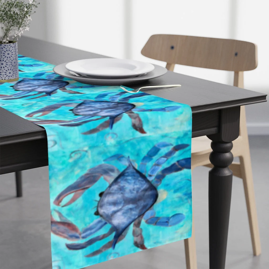 Blue Crab Coastal Table Runner Of My Art.coastal Beach House Crabs Design Table Accents Runner. Size 90" X 16"