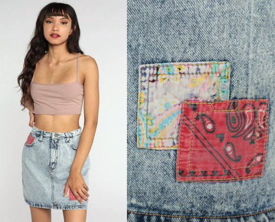 90S Jean Skirt Patch Acid Wash Denim Mini Jeans Blue High Waisted Retro Vintage Pencil Wiggle Small S