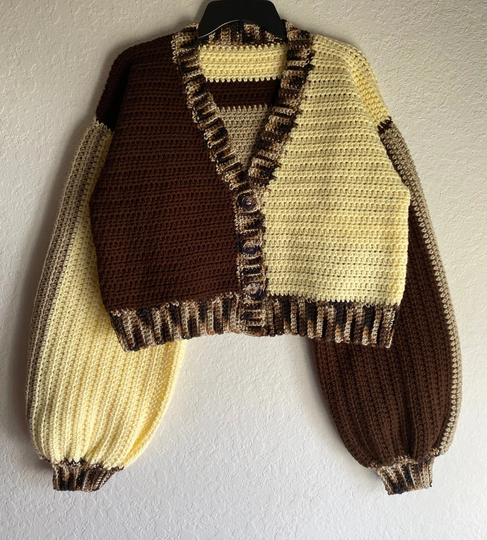 Crochet Crop Top Cardigan - Color Block & Puffy Sleeve | Size L/xl