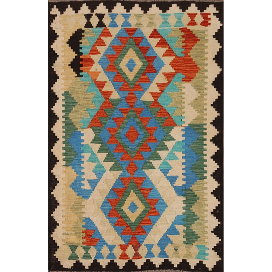South Western Kilim Area Rug Flat-weave Reversible Colorful Wool Carpet - 3'3" x 5'0"