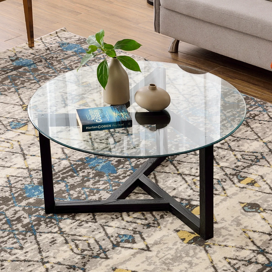 Merax Modern Round Coffee Table with Tempered Glass Top