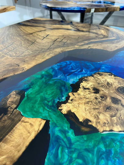 Live Edge Table, Custom 84" X 40" Walnut Blue, Turquoise, Green Epoxy Dining River Order For Revant