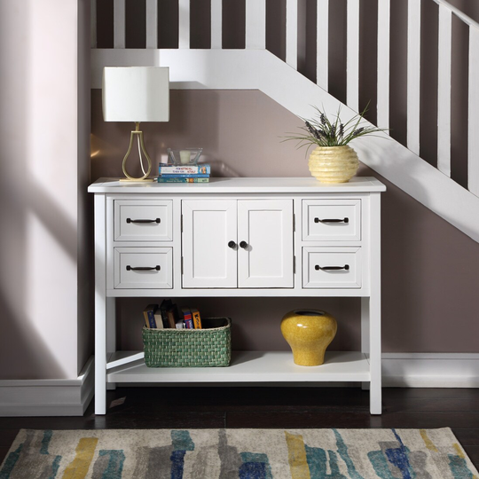 43'' Modern Sideboard Cabinet Pine Side End Table Sofa Table Console Table with 4 Drawer&1 Cabinet&1 Shelf, White